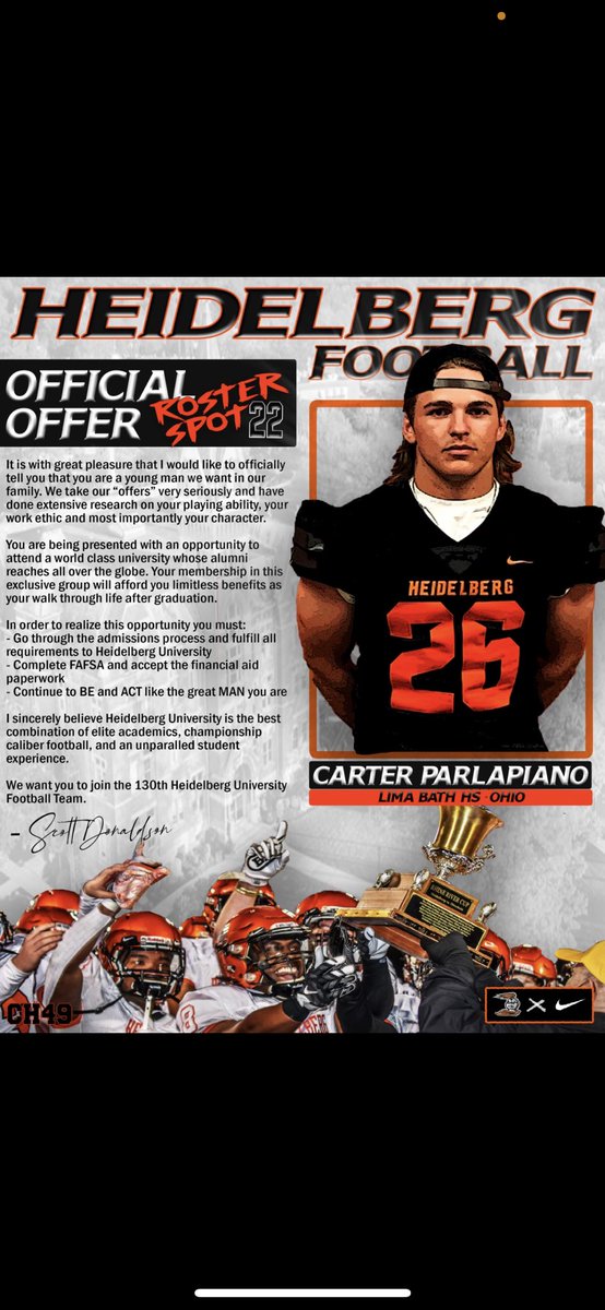 Blessed to receive a chance to play at the next level from Heidelberg University!💯 Thanks <a href="/Coach_Donaldson/">Scott Donaldson</a> <a href="/coachjasonlewis/">Jason Lewis</a> for the opportunity!💯