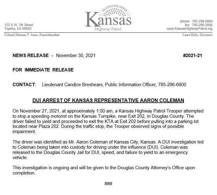kshighwaypatrol's tweet photo. On November 27, 2021, The Kansas Highway Patrol arrested Kansas Representative Mr. Aaron Coleman. 

Please see attached release for more information. https://t.co/9Mb9DAuCnP
