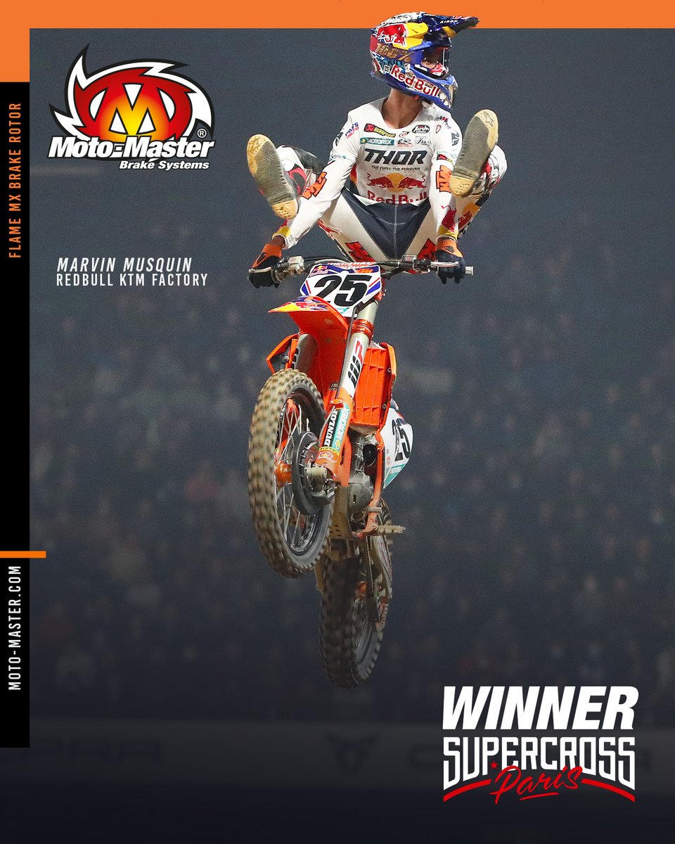 More Control/More Confidence | @MarvinMusquin25 wins the Paris Supercross with style (3 out of 3 wins!) equipped with our Flame MX Brake Rotors. #MotoMaster #StoppingTheWorldsFastest #supercross #paris #mx \ 📷 Haudiquert