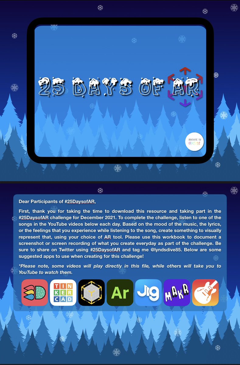 ARe you ready? 
#25DaysofAR starts tomorrow so don’t forget to DL your workbook to document your creations!

bit.ly/25DaysofAR2021

<a href="/JigSpace/">JigSpace</a> <a href="/ARMakrApp/">AR Makr</a> <a href="/AdobeAero/">Adobe Aero</a> <a href="/tinkercad/">Tinkercad</a> @3DBearOfficial <a href="/AppleEDU/">Apple Education</a> <a href="/jamiem/">Jamie Marshall-Watt</a>