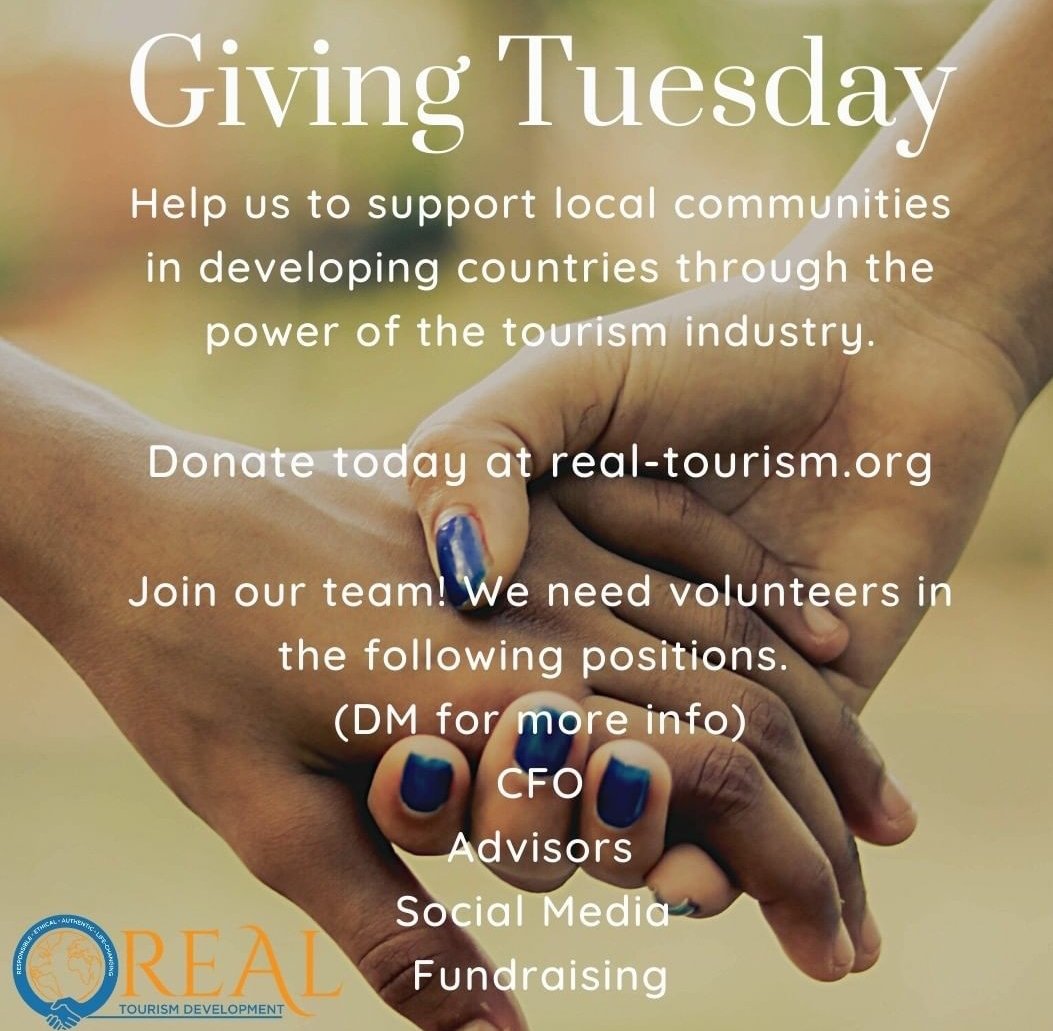 _realtourism's tweet photo. We would love your support this Giving Tuesday! We appreciate donations of any size (https://t.co/67k8FDinVp), or reach out to us about how you can join our team and support us as a volunteer.
#givingtuesday #volunteer #donate #nonprofits #GiveBack #sustainabletourism https://t.co/FOJ1qhzx9t