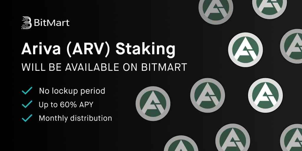 BitMartExchange's tweet photo. 📢@ArivaCoin, $ARV staking will be available on #BitMart from Dec 1, 2021

🌟Earn up to 60% APY 
🌟No lock-up period

👉Learn more: https://t.co/Con7Rd8aZC https://t.co/PQQpdFk1Qa