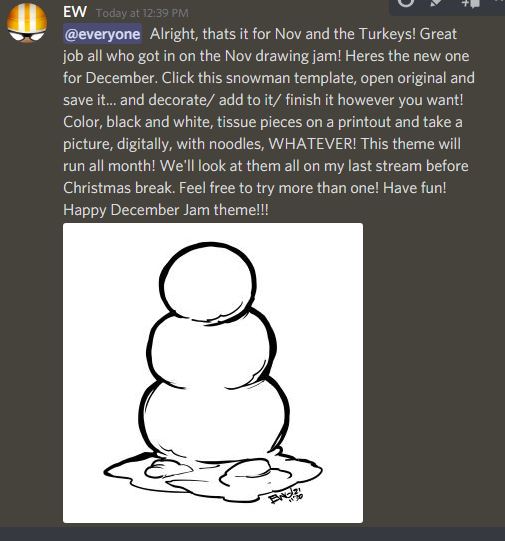 EryckWebb's tweet photo. December's Draw Jam prompt is live! Join the Drawing Mill discord and get in on the fun! Happy snowman making!  #drawing #jam #arttheme #community #prompt #challenge https://t.co/4zYHTg1P5g