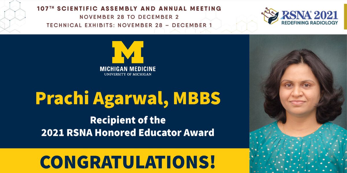 Michigan Radiology (@umichradiology) on Twitter photo Congratulations <a href="/UMichRadiology/">Michigan Radiology</a> #RadFaculty <a href="/prachipagarwal/">Prachi Agarwal</a>
2021 Honored Educator Award from <a href="/RSNA/">RSNA</a> #RSNA21
medicine.umich.edu/dept/radiology…
rsna.org/annual-meeting… Congratulations <a href="/UMichRadiology/">Michigan Radiology</a> #RadFaculty <a href="/prachipagarwal/">Prachi Agarwal</a>
2021 Honored Educator Award from <a href="/RSNA/">RSNA</a> #RSNA21
medicine.umich.edu/dept/radiology…
rsna.org/annual-meeting…