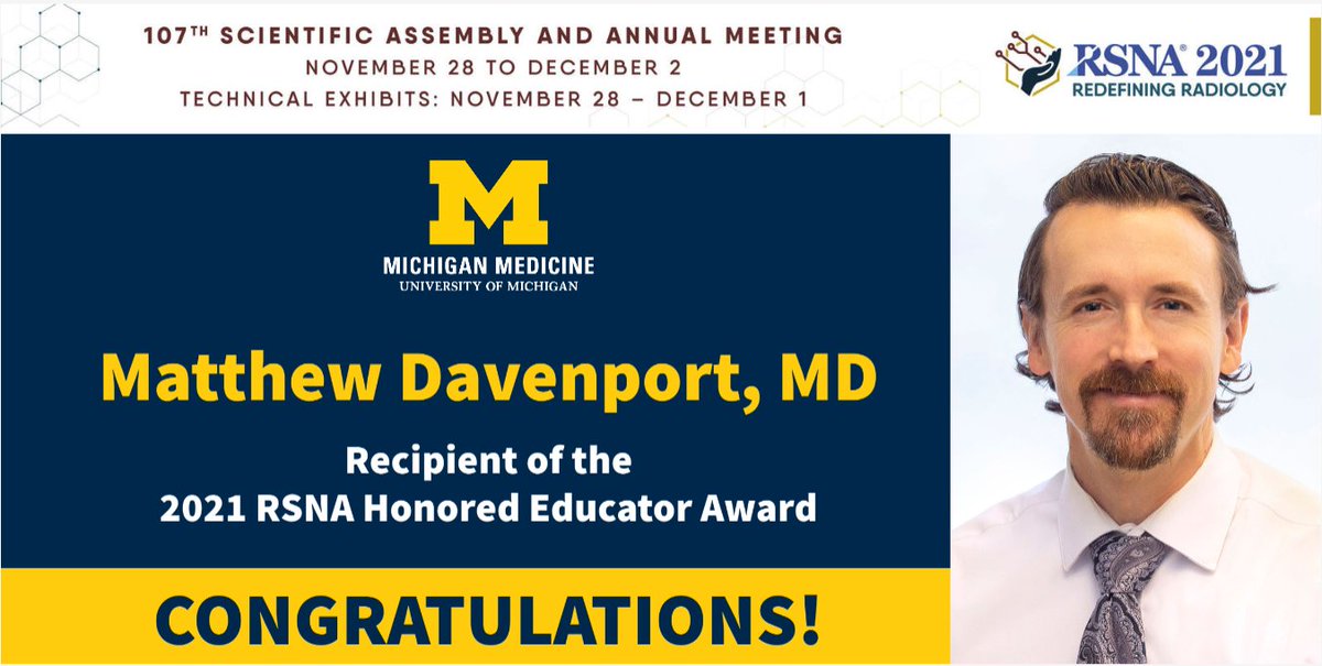 Michigan Radiology (@umichradiology) on Twitter photo Congratulations <a href="/UMichRadiology/">Michigan Radiology</a> #RadFaculty <a href="/MattDavenportMD/">Matt Davenport</a>
2021 Honored Educator Award from <a href="/RSNA/">RSNA</a> #RSNA21
medicine.umich.edu/dept/radiology…
rsna.org/annual-meeting… Congratulations <a href="/UMichRadiology/">Michigan Radiology</a> #RadFaculty <a href="/MattDavenportMD/">Matt Davenport</a>
2021 Honored Educator Award from <a href="/RSNA/">RSNA</a> #RSNA21
medicine.umich.edu/dept/radiology…
rsna.org/annual-meeting…