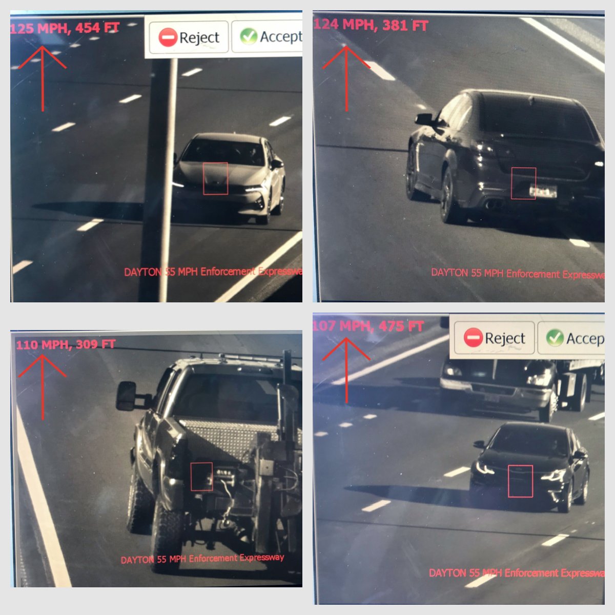 DaytonPolice's tweet photo. #DangerousSpeed These drivers were caught on our handheld speed camera last week going WELL over 100mph on U.S. 35 WB near Steve Whalen Blvd. which is a 55mph zone.
We will be concentrating on this area during our next Joint Traffic Enforcement Detail in early December. https://t.co/xPX81M2udf