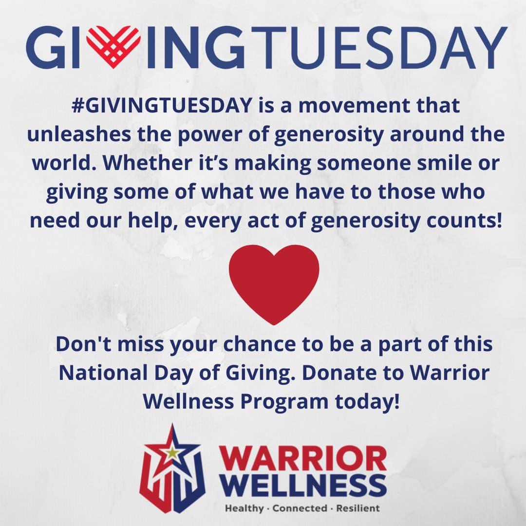 warrior_well's tweet photo. Don't miss your chance to be a part of this National Day of Giving! Please visit https://t.co/0Q7t2zn3GW to make a tax deductible donation to Warrior Wellness Program today. #GivingTuesday #Support https://t.co/IdW83m0mha