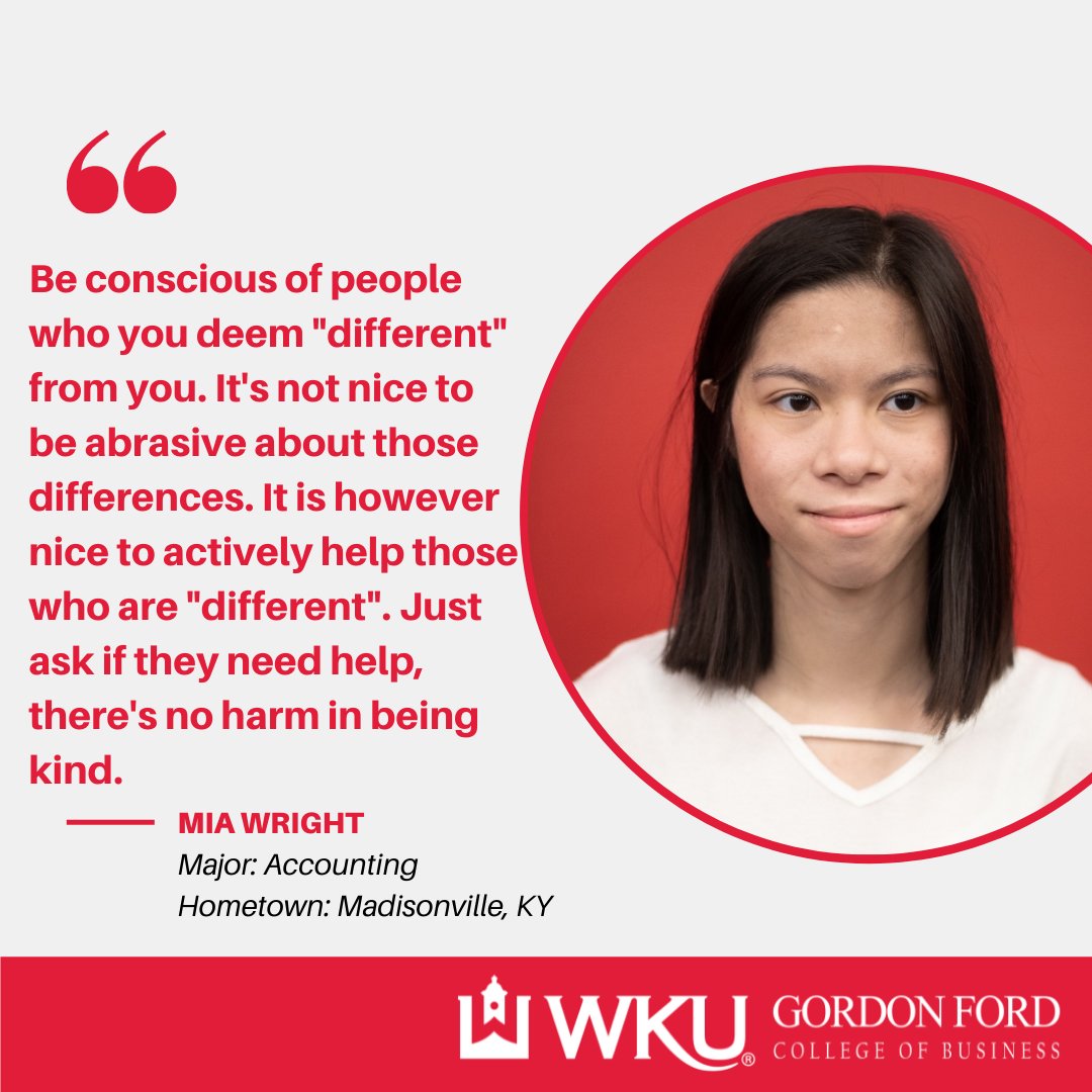 Accounting student, Mia Wright  has utilized the Writing Center during her time at WKU. The center allowed her to improve her writing skills. Her advice to students, be kind. #wku