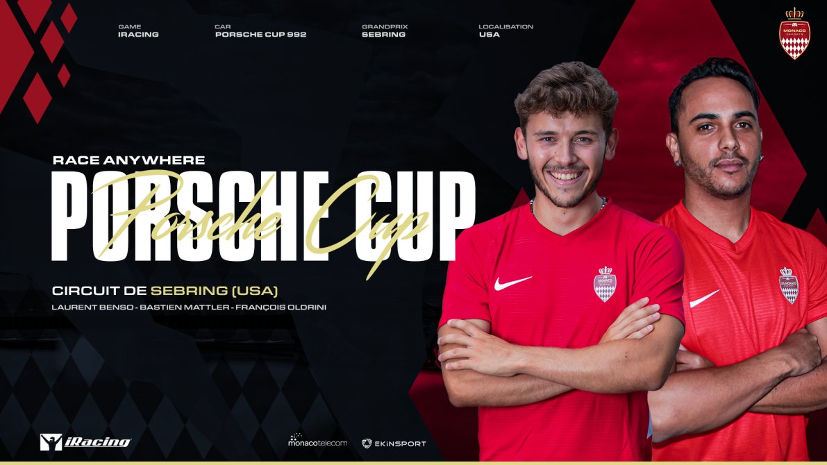 #iRacing | Race Anywhere Porsche Cup #2 🏆 

Suite du championnat pour nos pilotes ! 

✦ @Oldrinifrancois 
✦ <a href="/zBastienMattler/">zBast</a>
✦ <a href="/laurentbenso/">Lowlow #99</a>

🚥 Circuit de Sebring 🇺🇸
🏎️ Porsche Cup 992
📺 twitch.tv/laurentbenso
🕰️ 21h30

 #DagheMonaco 🇲🇨