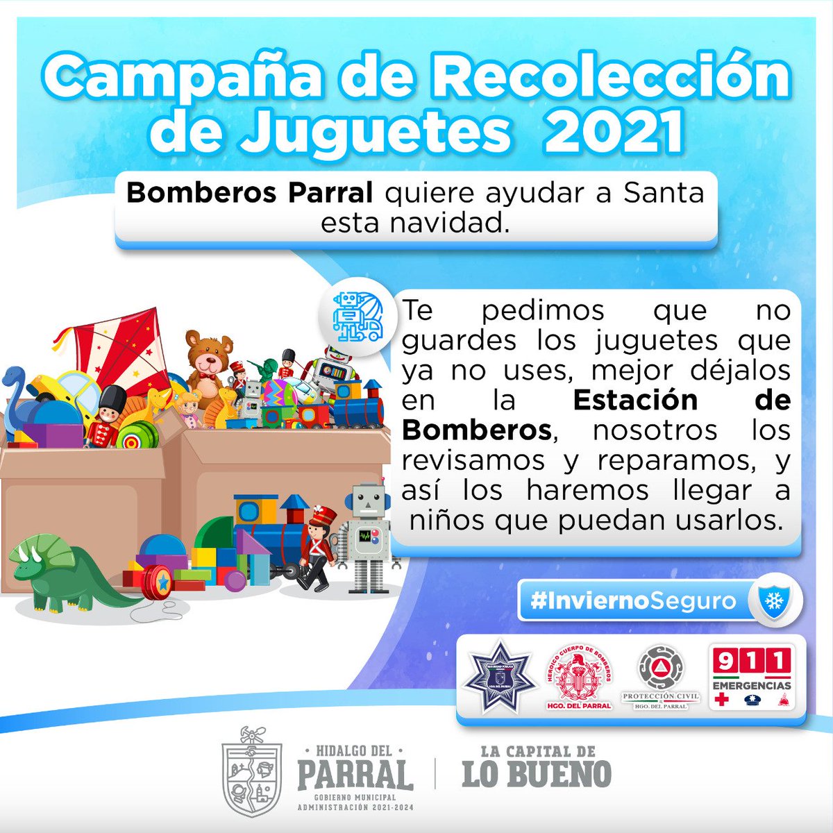 PCParral's tweet image. ¡Ayudemos a Santa esta Navidad! Trae tus juguetes en buen estado a la Estación de Bomberos para que lleguen a pequeñines de nuestra ciudad.

«Hay que unirse, no para estar juntos, sino para hacer algo juntos». 
- Juan Donoso Cortés