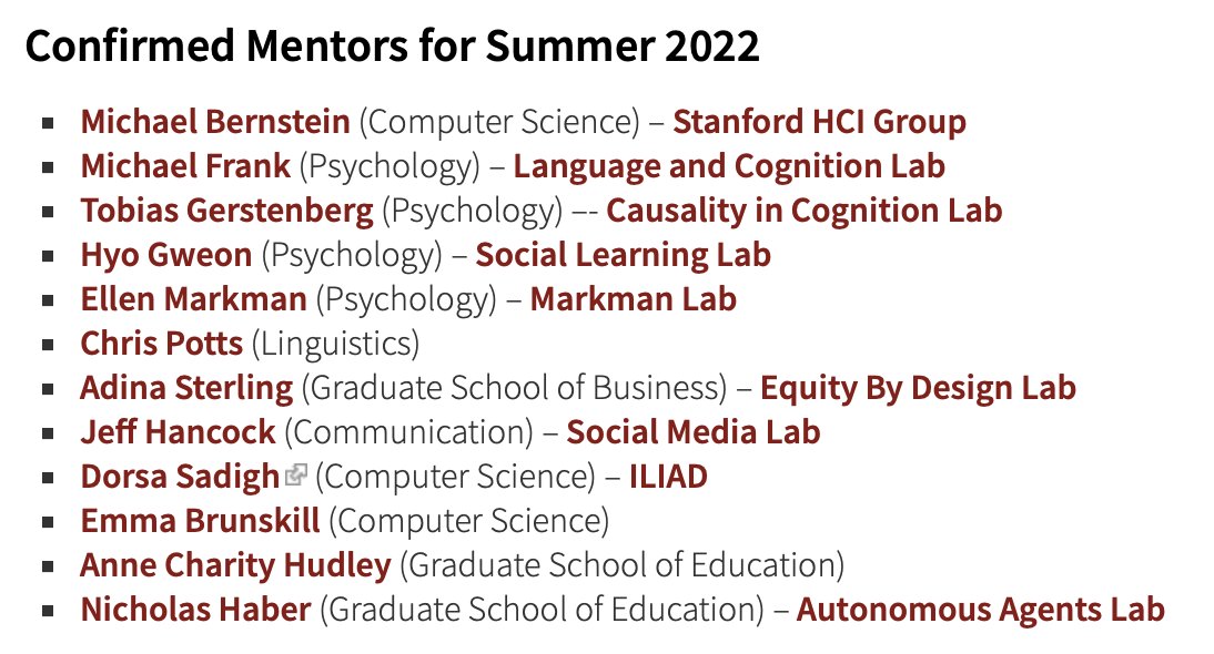 mcxfrank's tweet photo. Undergrads! Join us for an 8-week paid internship in the 2022 @StanfordCSLI Summer Program, an @NSF REU site.
Interns do mentored research and learn about language, cognition, AI, and more as part of a warm, fun community.
https://t.co/5LKhK87nTM https://t.co/ZuIYtppiPK