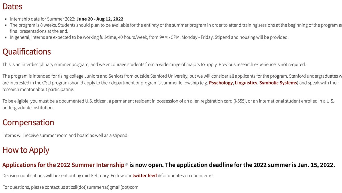 mcxfrank's tweet photo. Undergrads! Join us for an 8-week paid internship in the 2022 @StanfordCSLI Summer Program, an @NSF REU site.
Interns do mentored research and learn about language, cognition, AI, and more as part of a warm, fun community.
https://t.co/5LKhK87nTM https://t.co/ZuIYtppiPK