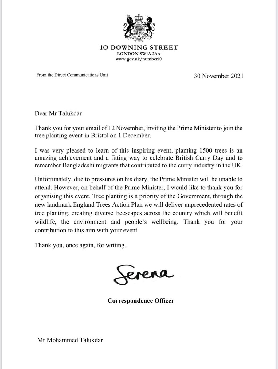 Thank you <a href="/BorisJohnson/">Boris Johnson</a> <a href="/10DowningStreet/">UK Prime Minister</a> for the support as we kick <a href="/BritishCurryDay/">British Curry Day</a> tomorrow by planting trees in Bristol, following fund raising events across the country. <a href="/Naseem_talukdar/">Naseem Talukdar</a> <a href="/IoH_Online/">Institute of Hospitality</a> <a href="/FSBSouthWest/">FSB South West</a> <a href="/HSheriffBristol/">Bristol High Sheriff 2025</a> @ppaap_ <a href="/UKcurryc0nnect/">UK CURRY CONNECT</a>