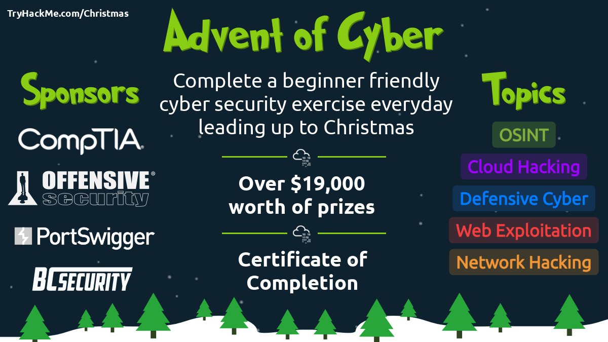 tryhackme's tweet photo. Advent of Cyber 3 starts SOON! 🎄

@PortSwigger are sponsoring 35 Burp Suite Certified Practitioner Exam Vouchers worth $3225 🎉 Bringing the prize pool to over $19,000

Sign up &amp; learn the basics of cyber with beginner-friendly walkthroughs &amp; videos: https://t.co/ceDYm7MT0G https://t.co/GQ35iCQ1dn