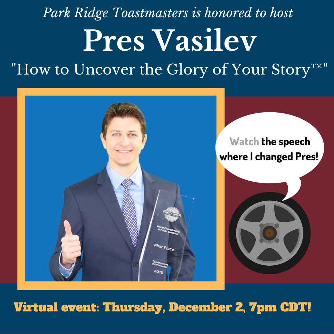 parkridgetoasts's tweet photo. Have you signed up for Pres Vasilev's storytelling workshop this Thursday at 7CDT?  This is not to miss!  This 2013 World Champion of Public Speaking will reveal the most powerful storytelling secrets. 
      
Register here! 
https://t.co/3zCoH68vjZ https://t.co/MXDDHaGSRj