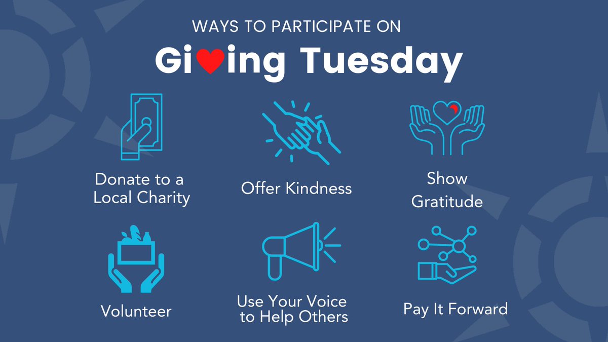 Today is #GivingTuesday, a global generosity movement and celebration of all acts of giving.

Here are some ways to participate:

💙 Donate to a Local Charity
💙 Offer Kindness
💙 Show Gratitude
💙 Volunteer
💙 Use Your Voice to Help Others
💙 Pay it Forward