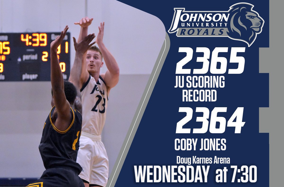 JUBasketball's tweet photo. @JohnsonUniv and @JohnsonRoyals Come Support your Royals and Coby Jones as he is one basket away from becoming the all time leading scorer in Johnson history!! Women's game at 5:30 and the men at 7:30 https://t.co/pZw4KNGnXs