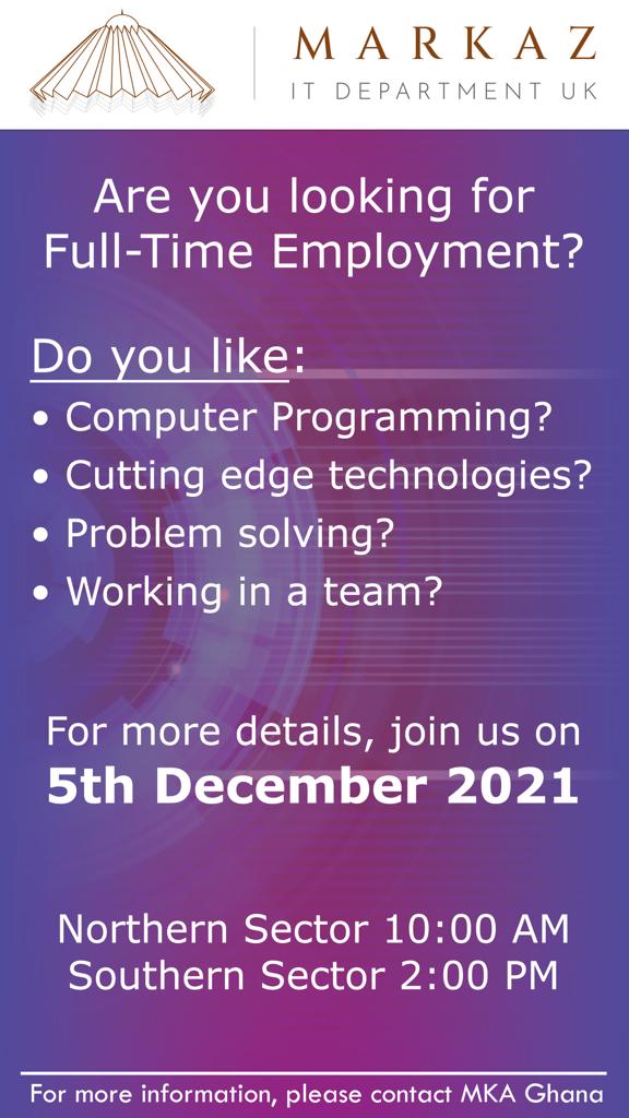 mkaghana's tweet photo. Make a date on 5th December, 2021
#MKAGH #khuddam #islam #Computerprogramming #fulltimeemployment https://t.co/BbxgAQ4mUB