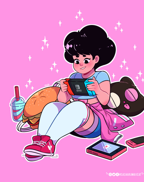 BeachsideGems's tweet photo. After a long day of helping her friends around Beach City, Nora likes to sit back play on her new Switch. Recently her and Amethyst have been a lot of Mario Kart 8, though having a second player would be nice.

"Hey Reader! Wanna play for a bit? ~"
#SURP #OpenRP #MVRP https://t.co/OZp6uMiQY6