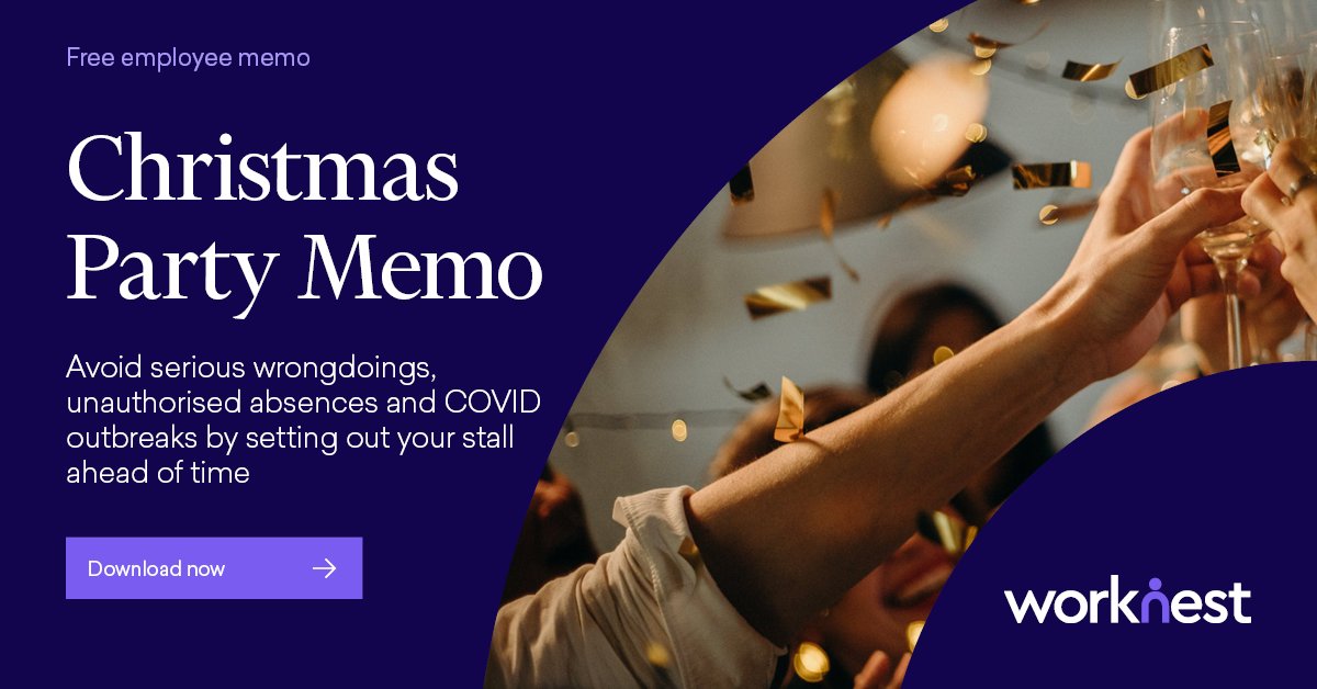 Still hoping to go ahead with your end-of-year in-person celebrations? 🤞

Download our free Christmas Party Memo to remind employees of your expectations and reduce the risk of bad behaviour, sickies and COVID outbreaks: ow.ly/lgci50GZLng

Follow <a href="/WorkNestGroup/">WorkNest</a> for more.
