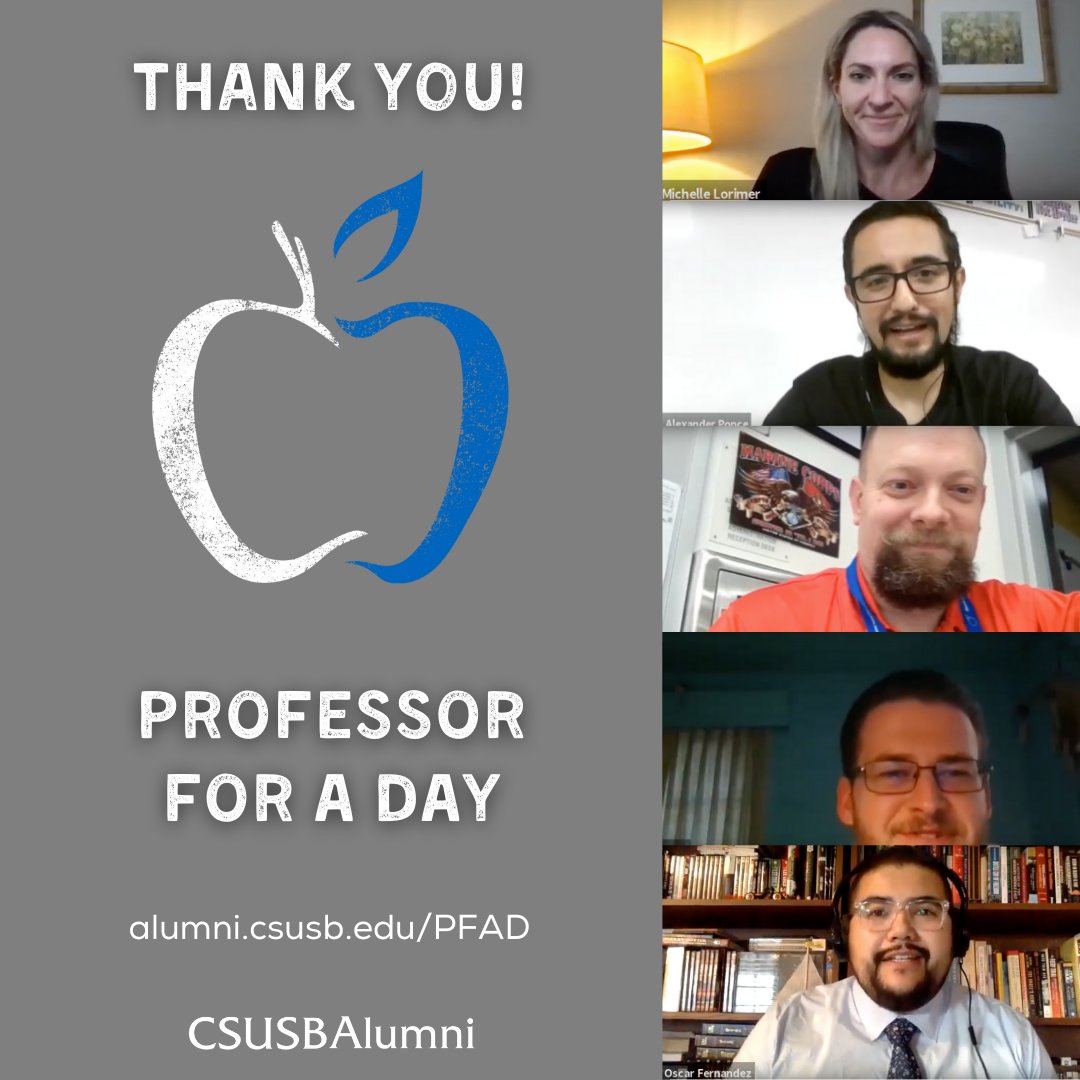 CSUSBAlumni's tweet photo. We would like to show our appreciation to Alexander Ponce '13, Oscar Fernandez '15, Michelle Lorimer '08, Byron Williams '19 & James Wiggins '15 🐺 for sharing their knowledge during the Future History Teachers Information Panel.🧑🏫
#ProfessorForADay
#CSUSBAlumni https://t.co/uOU6ZUo5ZE