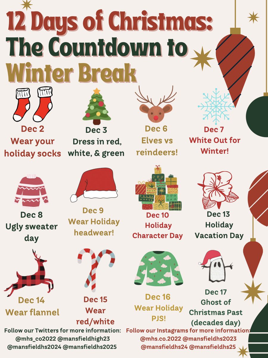 Join us in counting down to Winter Break! The 12 Days of Christmas Dress Up Days start this Thursday, December 2nd🎄