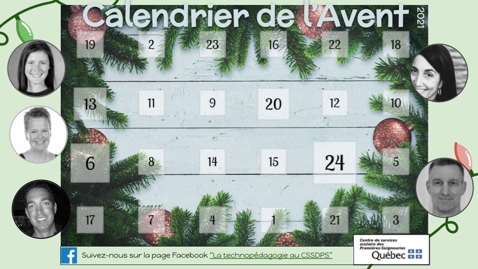 LavoieFred's tweet photo. Une fois de plus, les équipes de leaders technopédagogiques et de CP RÉCIT du #CSSDPS vous présentent leur 3e édition du calendrier de l'Avent (édition 2021)!
Une surprise pédagonumérique par jour jusqu'au 24!
Bonnes découvertes :)
https://t.co/hwWAv8zf5G
#recitqc #eduprof https://t.co/8qTnUCudDP
