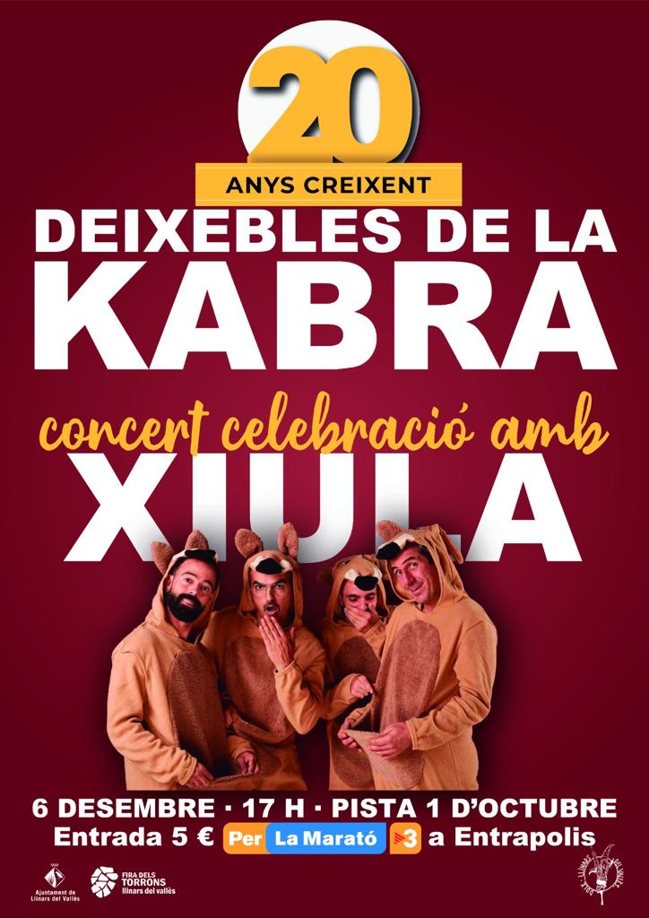 ajllinarsvalles's tweet photo. Per celebrar els 20 anys dels Deixebles de la Kabra, i dins dels actes de @la_marato , concert solidari amb Xiula aquest proper 6 de desembre  a les 17h a la pista 1 d'octubre. Podeu comprar les entrades a @EntraPolis https://t.co/2iz19BEz6H