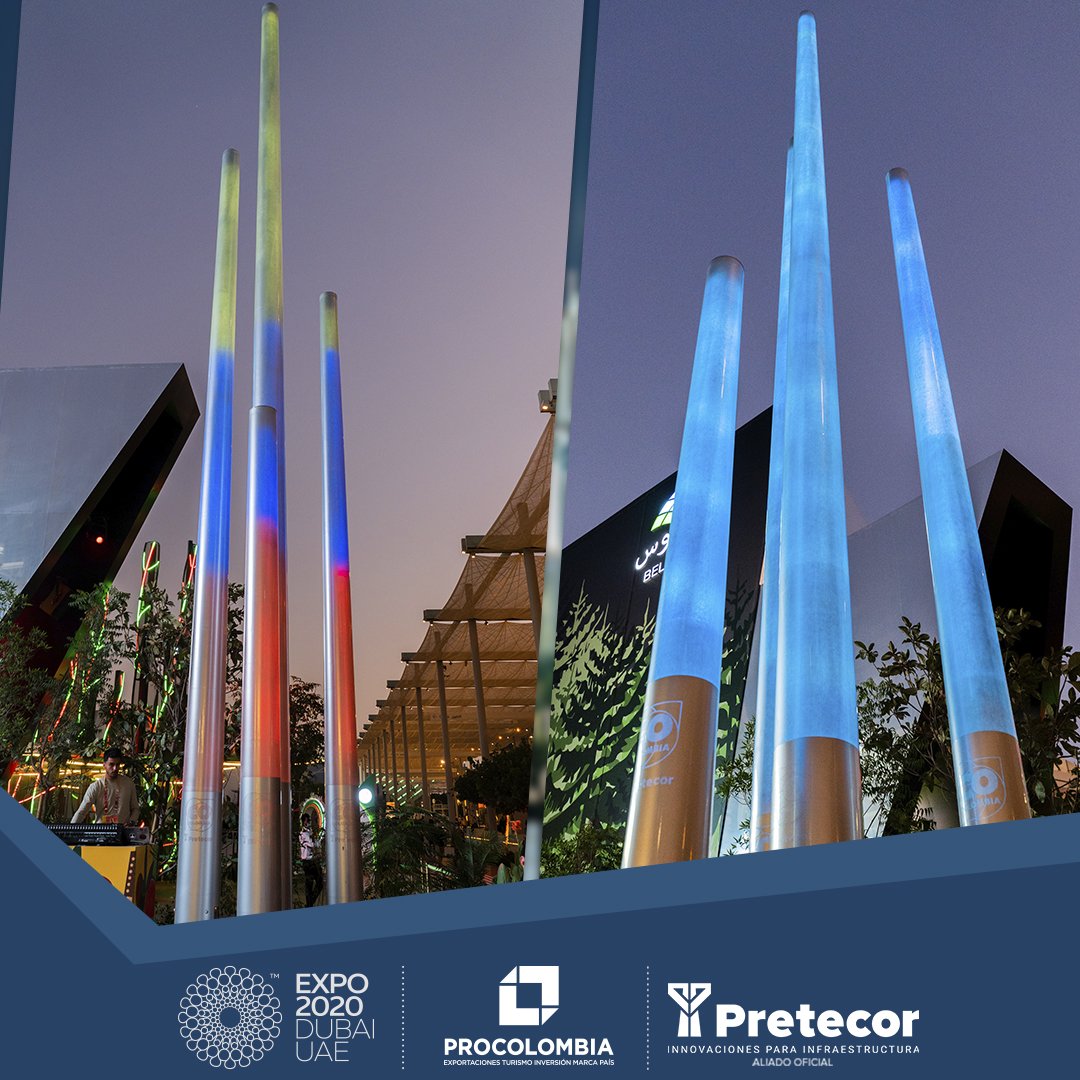 Para #Pretecor es todo un logro hacer parte del pabellón Colombia con nuestra línea de #postesSmart. 
Estos postes permiten manejar todo espectro de color RGB, se pueden sincronizar entre sí para obtener un efecto visual único,así somos parte de la feria universal @expo2020dubai