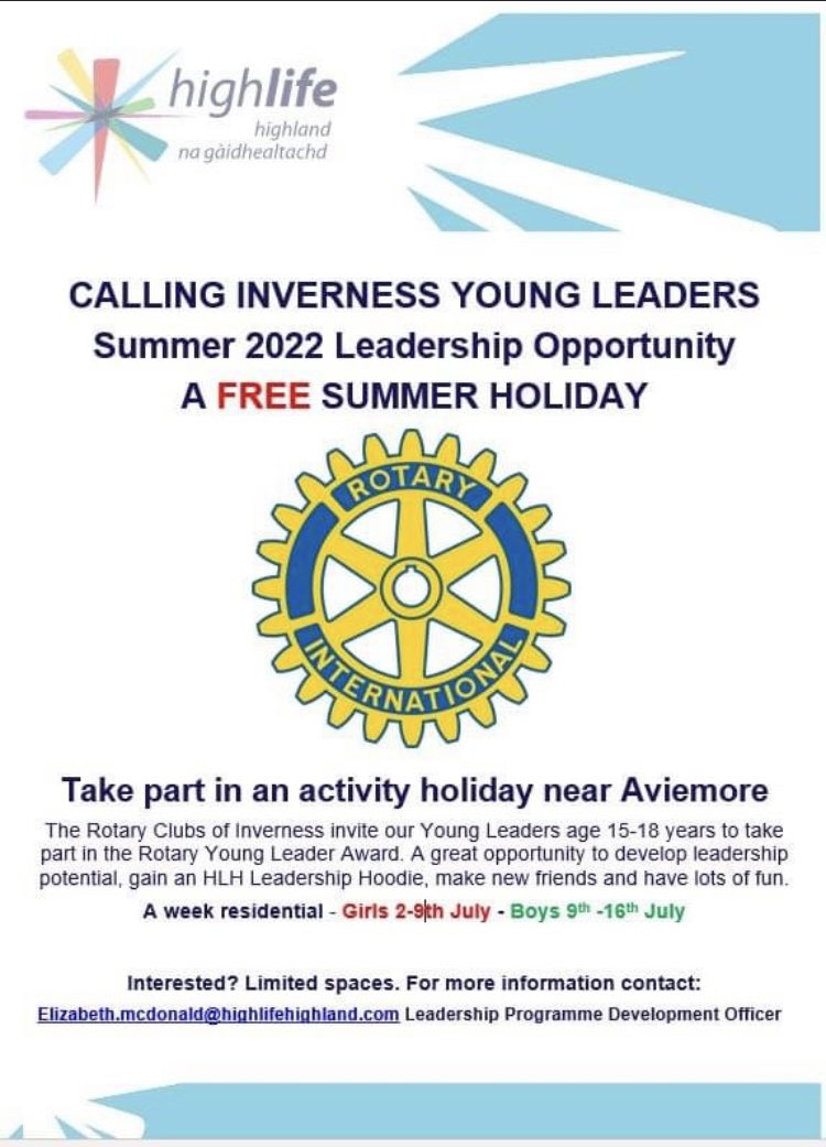 ⭐️⭐️⭐️LEADERSHIP OPPORTUNITY⭐️⭐️⭐️ We are delighted to be working with #Inverness #Rotary clubs to bring this unique opportunity to our #YoungLeaders #ChooseToLead #leadership @InvernessOf @HLHSport @HLHYouthWork