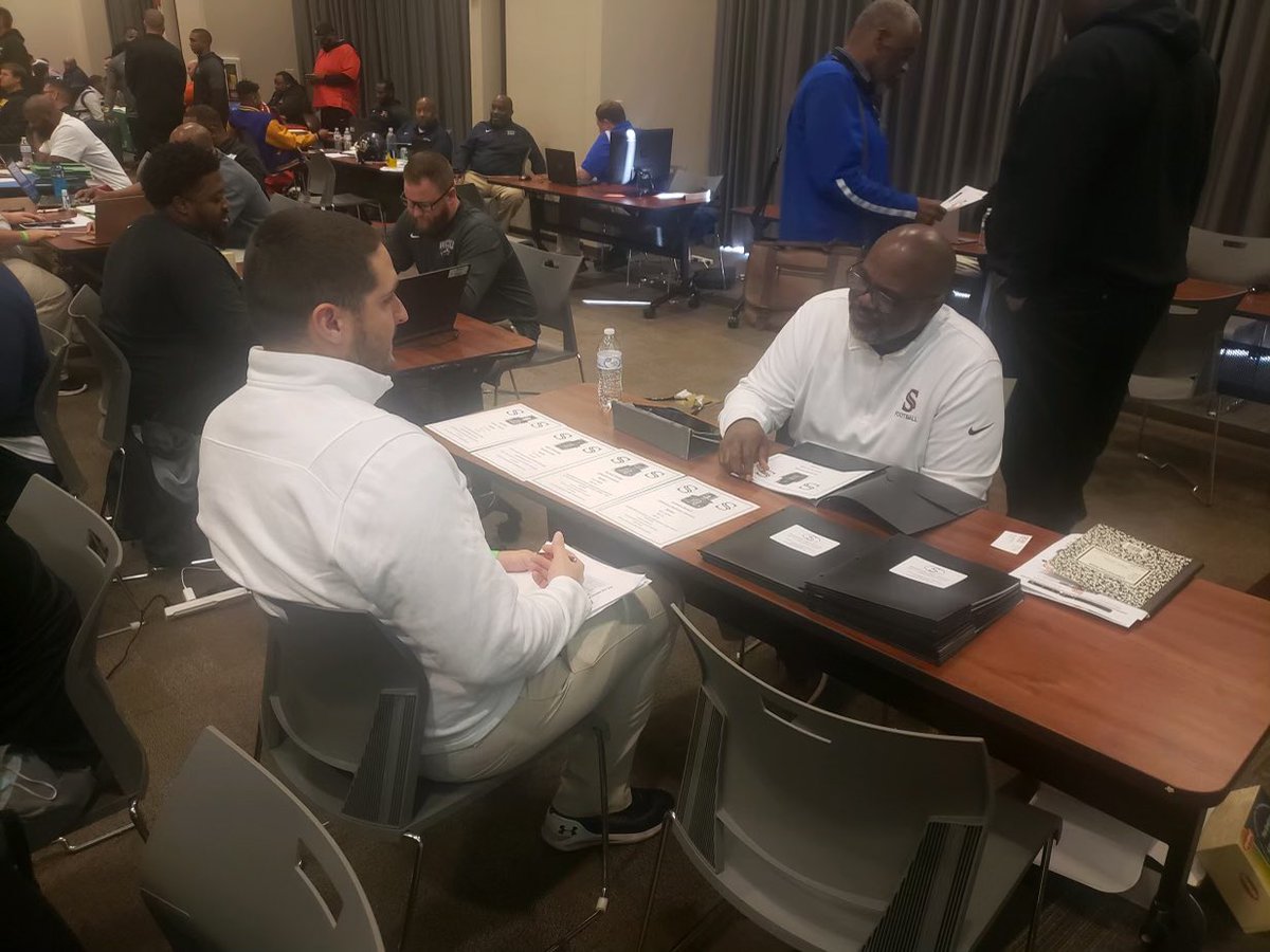SenatorsFB's tweet photo. Coach White hard at it yesterday and today in Atlanta at Recruiting Expo presenting/ showing off our talent to college coaches! Let’s get that talent signed! #hardworkpaysoff @SparkmanAD https://t.co/r5ssHjD3PV