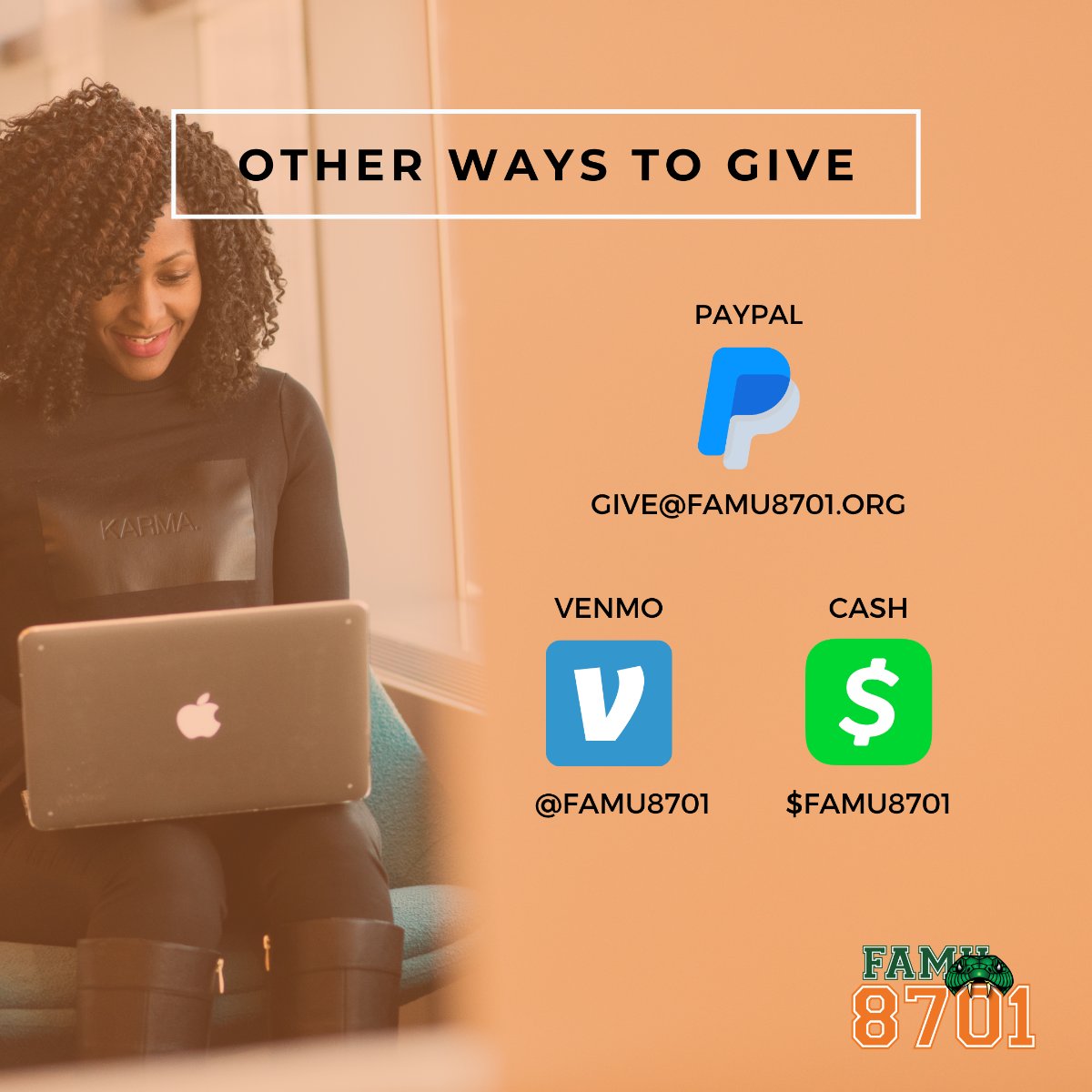 FAMU8701's tweet photo. Help FAMU 8701 to reach our class endowment goal of $287,010 by donating today. Click the link in our bio or swipe to see the many ways to give. All donation are tax deductible and all proceeds will go to the FAMU Foundation. https://t.co/PsfF9Z3B68