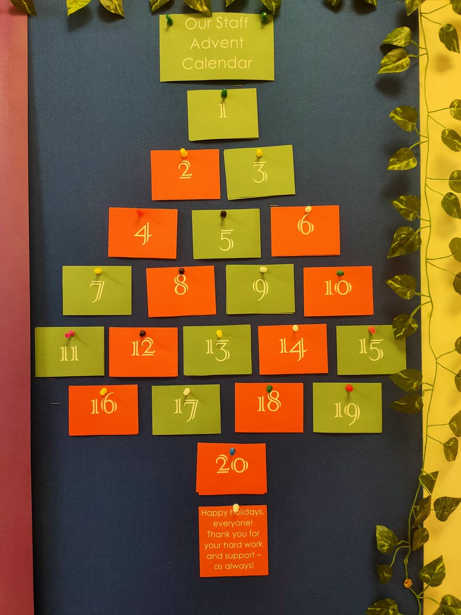 Thank you to the lovely <a href="/Alex_Bramley3/">Alex (Mr Bramley 🍎)</a> for the staff advent calendar inspiration 🙌 behind each door is a treat - either an early finish, break duties covered for the week or a box of chocolates 🎅 #FeelingFestiveFinally