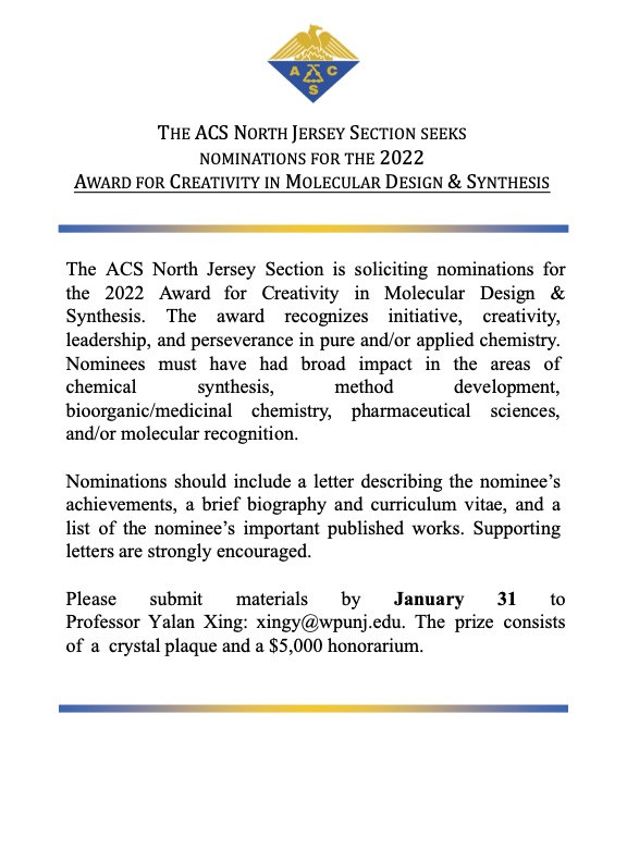 NJACS_OTG's tweet photo. Call for nominations for the 2022 Award for Creativity in Molecular Design &amp; Synthesis. Previous awardees have included Prof. Stephen Buchwald, Prof. David MacMillan, Dr. Ann Weber &amp; Prof. Eric Jacobsen. @NJACS_OTG https://t.co/bkkfuQNqtQ