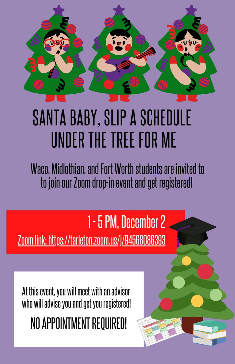 TarletonMidlo's tweet photo. Need help choosing classes for next semester? Drop in on Zoom to meet with an advisor - no appointment necessary! Great opportunity if you haven't made an appointment just yet. 'See' you there! 💻 https://t.co/QIBLVLAytW