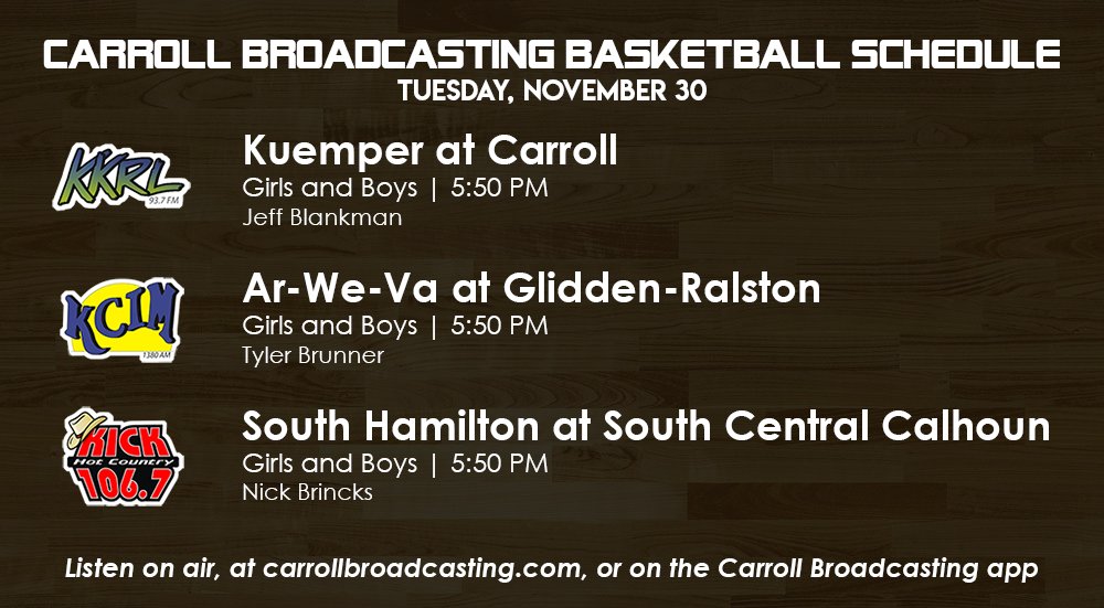All 20 of the area basketball teams play tonight. South Central Calhoun Wrestling and Carroll Boys Swim open their seasons. Complete schedule can be found at 1380kcim.com. Here is a look at our broadcast schedule for Tuesday.
<a href="/TheTylerBrunner/">Tyler Brunner 🎙️📹</a> 
<a href="/NickBrincks/">Nick Brincks</a>