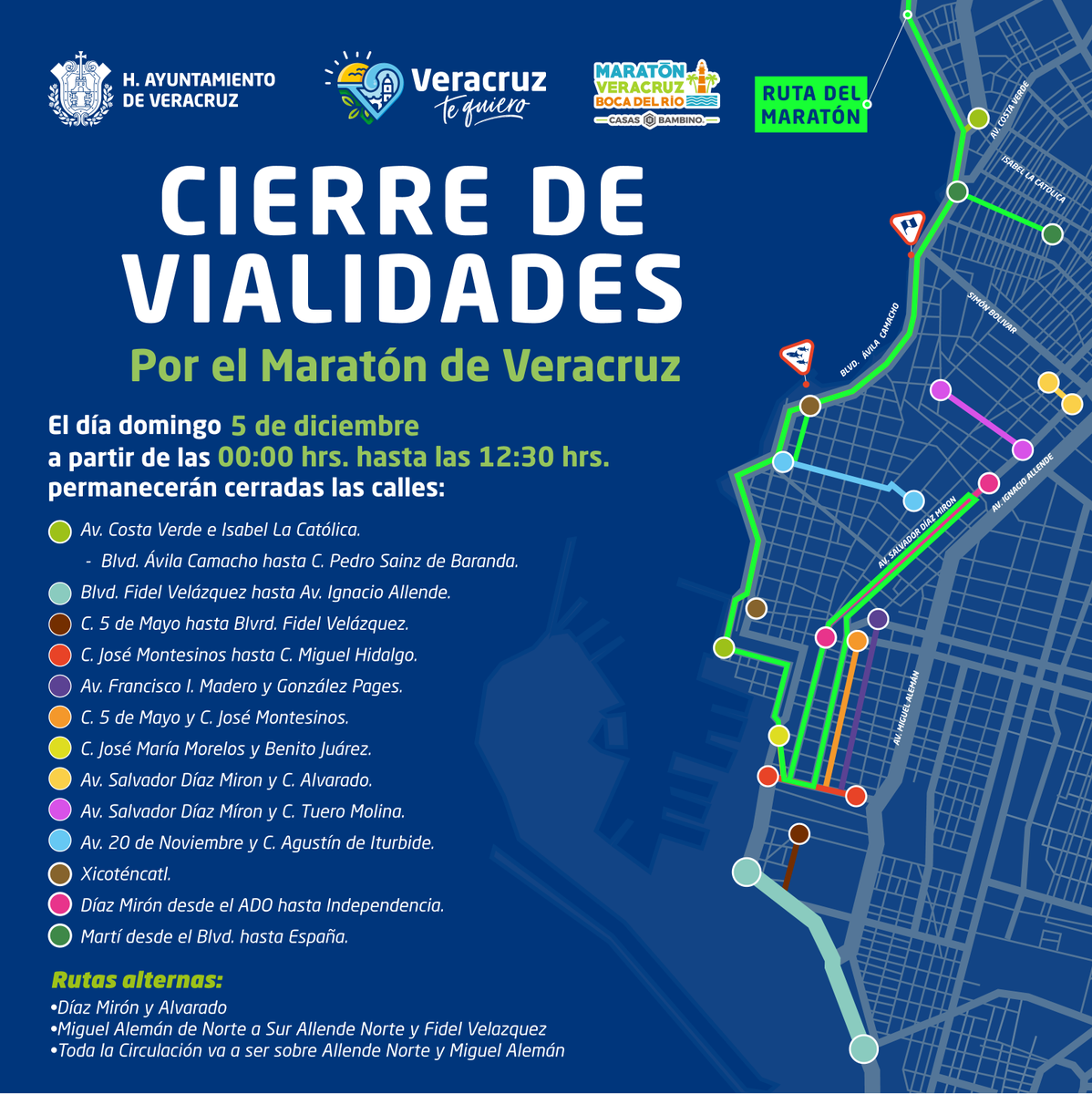 AyuntamientoVer's tweet photo. #ComparteQue ¡El 1er Maratón Veracruz - Boca del Río 2021 está por arrancar! Este domingo 5 de diciembre habrá diversos cierres viales. 

Conoce qué calles se verán restringidas en el mapa que creamos para ti 👇🏼 ¡No olvides tomar vías alternas! https://t.co/TC0Xcj1cB2