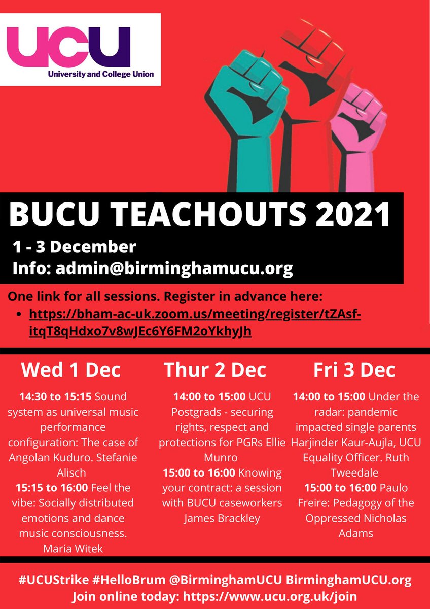 BirminghamUCU's tweet photo. 🚨🚨BUCU teach-outs are now up 🚨🚨

*Please register for one of the amazing sessions this week, which will be running online each afternoon from 1 - 3 December https://t.co/DPk6EVfnqE