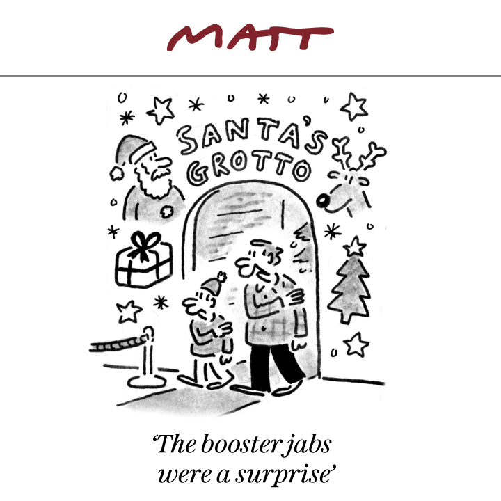 MattCartoonist's tweet photo. My latest cartoon for tomorrow's @Telegraph 

'The booster jabs were a surprise'

Subscribe to my weekly newsletter to receive my unseen cartoons: https://t.co/JNDhrYJMFH https://t.co/7Dq0q9iyw4