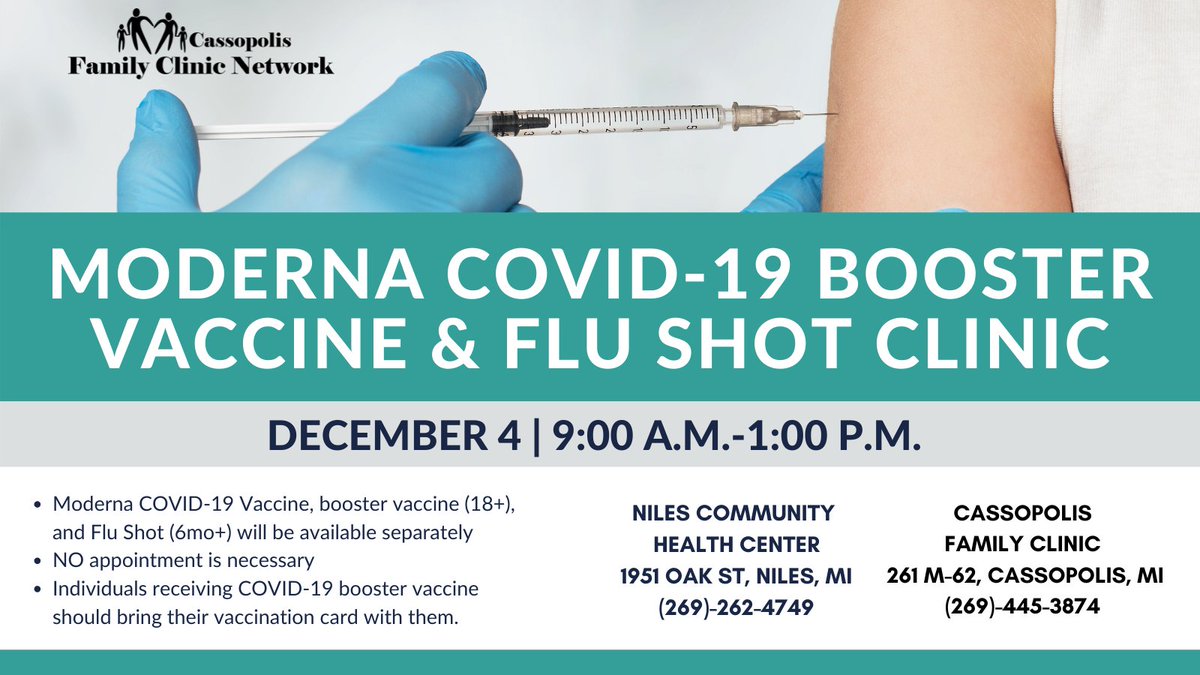 CassFamilyCN's tweet photo. Join us this Saturday for a FREE Moderna COVID-19 VACCINE, booster vaccine and FREE flu shot clinic from 9am until 1pm at the Niles Community Health Center and at the Cassopolis Family Clinic. No appointment is necessary!
#Cassopolis #Michigan #Michiana #Indiana #NilesMI #Flu https://t.co/VuywNKGOmf