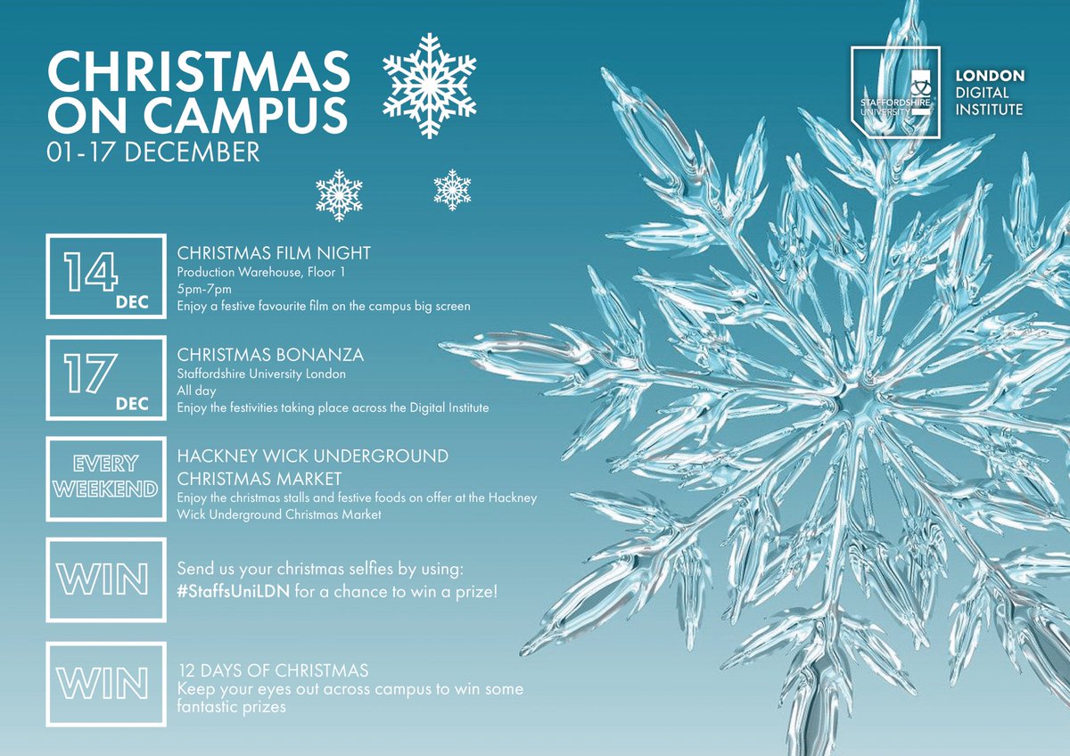 UniofStaffsLDN's tweet photo. Whether you’re on campus, @HereEast or the Hackney Wick area, there’s plenty of Christmas events and opportunities to get involved in! ❄️🎄 https://t.co/KcZkWawQaq