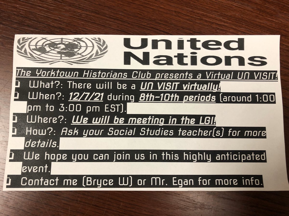 Our YHS Historians Club is sponsoring a virtual UN visit. Please see attached info. S/O to <a href="/yhs_classof2023/">YHS CLASS OF 2023</a> Bryce  Wissing for leading this initiative &amp; Mr. Egan advising our club🌽 #YorktownCSD <a href="/YHSclassof2022/">YHS Class of 2022</a> <a href="/YClassof2024/">YHSClassof2024</a> <a href="/YHSClassof2025/">YHS Class of 2025</a> <a href="/YHSEuro/">AP Euro YHS</a> <a href="/Global_History/">Global History</a> <a href="/SaltyHistory/">Seth Altman</a>