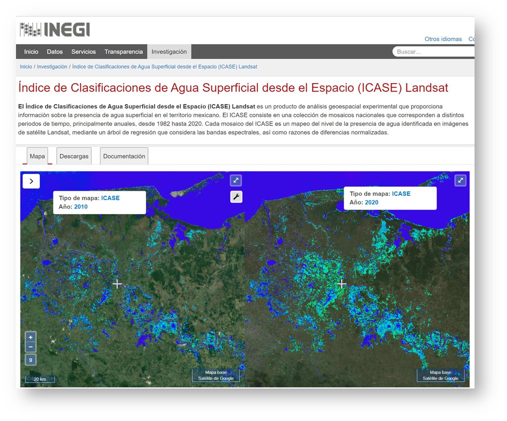 Por primera vez, el #INEGI pone a disposición de los usuarios el Índice de Clasificaciones de Agua Superficial desde el Espacio #ICASE Landsat; producto de análisis geoespacial experimental que muestra la presencia de agua superficial en territorio mexicano.