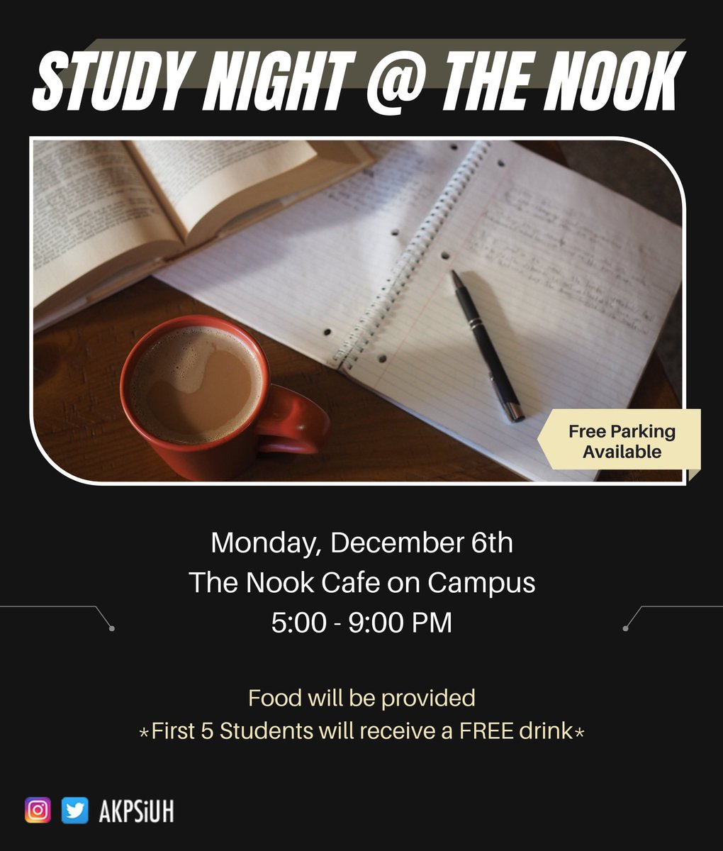 Join us on Monday as we prepare for finals week at The Nook! We will provide food as well as free drinks to the first 5 students. We can’t wait to see you there! 💻📓
