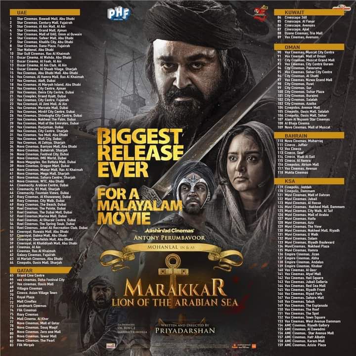 ForumReelz's tweet photo. Tremendous release for #MarakkarArabikadalinteSimham
In GCC Circuit, 159 Locations Charted For All Versions. Highest Single Language Release From South India🔥🔥 

Marvellous release by @PharsFilm 👏👏 https://t.co/1zuL4MxeQJ