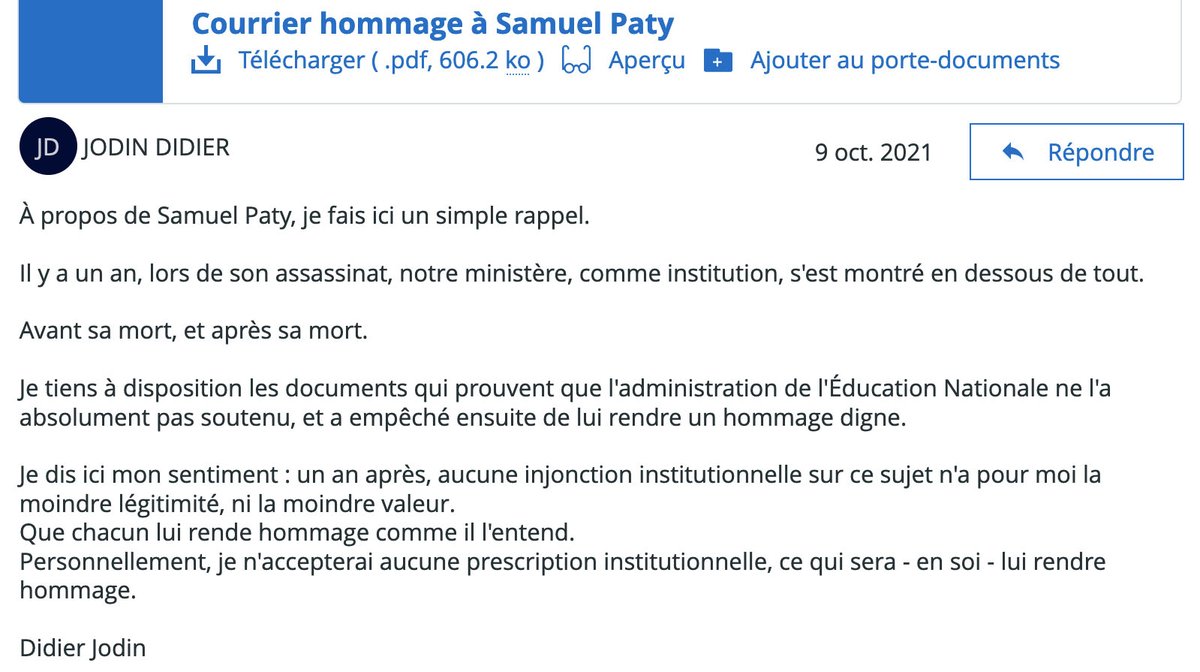 Puisque le recteur <a href="/ChanetJF/">Chanet Jean-François</a> de <a href="/acbesancon/">Académie de Besançon</a> juge que <a href="/0683jc/">JCP</a> mérite d'être suspendu pour s'être exprimé sur un ENT à propos de l'assassinat de Samuel Paty, j'informe la rectrice @ElisabetLaporte de <a href="/acstrasbourg/">Académie Strasbourg</a> que j'avais fait exactement la même chose.
#TousSuspendus