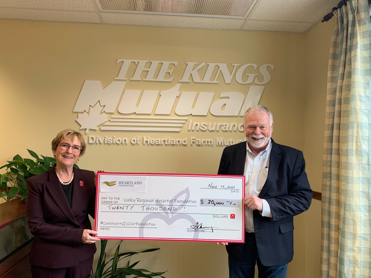 kingsmutual's tweet photo. On November 12th we were very pleased to be able to present a cheque for $20,000 to the Valley Regional Health Foundation’s CT For Life campaign. As residents of the area, we recognize how important this equipment is to all of our families' lives. https://t.co/hWB7lUswpG