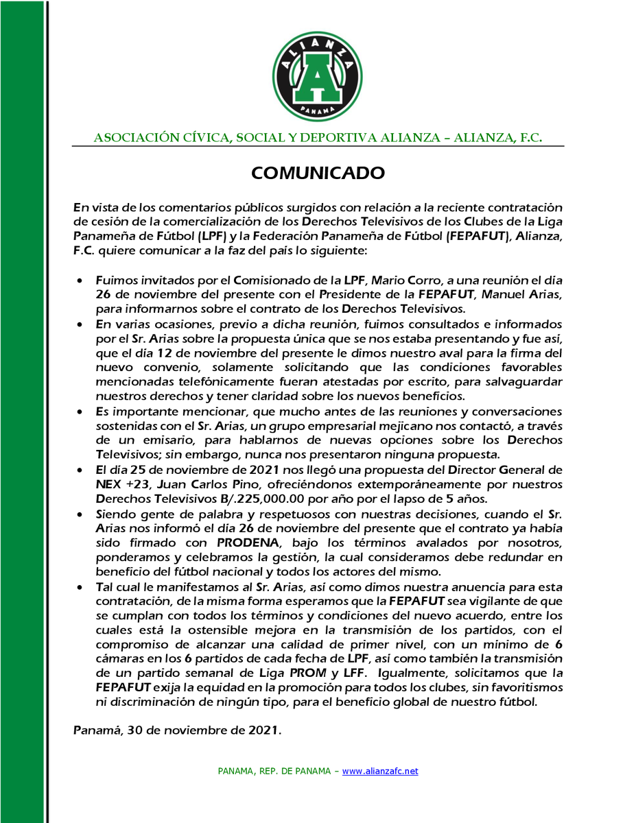 alianzafc's tweet photo. COMUNICADO DE PRENSA - Derechos Televisivos

⚪️De forma seria y transparente lo confirmamos, @alianzafc dio el aval a la @fepafut para la firma del convenio
🟢Nuestra palabra y compromiso es nuestra firma
@LPFpanama @liga_prom 
#SiempreAlianza 
#OrgulloVerdolaga https://t.co/Hi4TiXQMcL