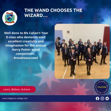 Yr8OIntegrated's tweet photo. The Wand chooses the Wizard…

Fabulous work Year 8 well done 👏🌟🌟 #readtosuceed #learnbelieveachieve @KatrinaCrilly @OIntegrated https://t.co/a4oXSziJlg