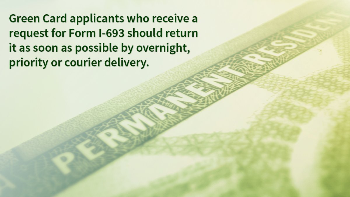 USCIS's tweet photo. If you are applying for an employment-based Green Card, and we sent you a Request for Evidence (RFE) for your Form I-693, please respond as soon as possible so we can finalize a decision on your adjustment application. Learn more https://t.co/kHzzzL3OGL https://t.co/Te66U8DoIr